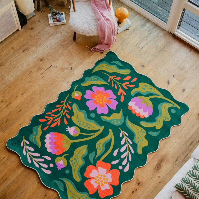 Green Base Pink Floral Wavy Rug by Jessica Miller