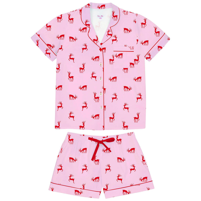 Women's Reindeer Pink Short PJ Set - Organic Cotton Poplin
