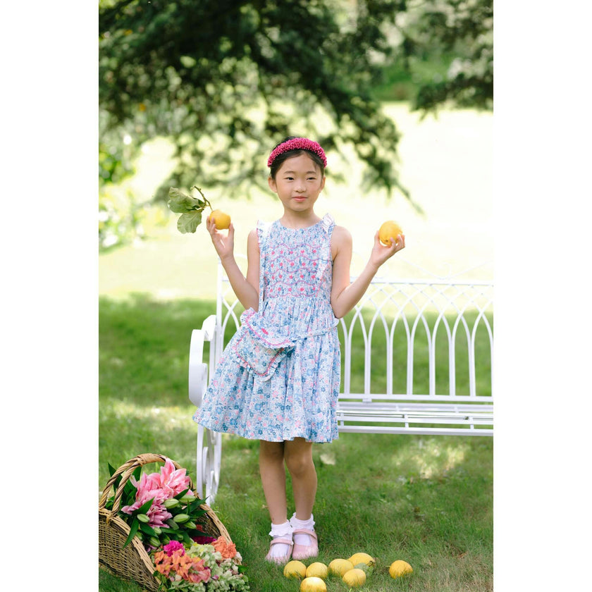 Marguerite Floral Blue Frilled Sleeveless Smocked Dress