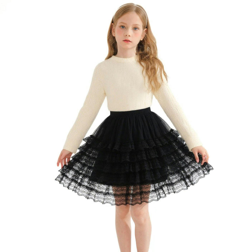 Cream Ribbed Sweater with Lace Skirt