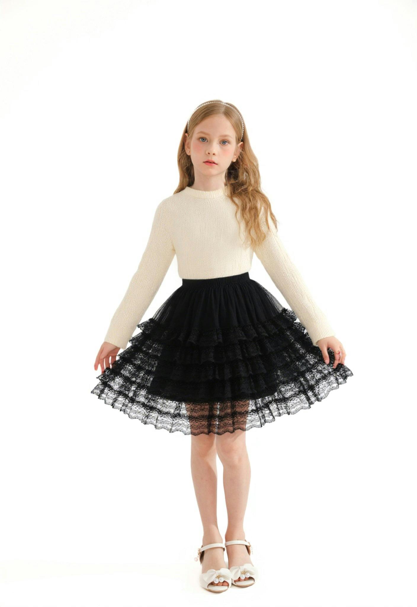 Cream Ribbed Sweater with Lace Skirt