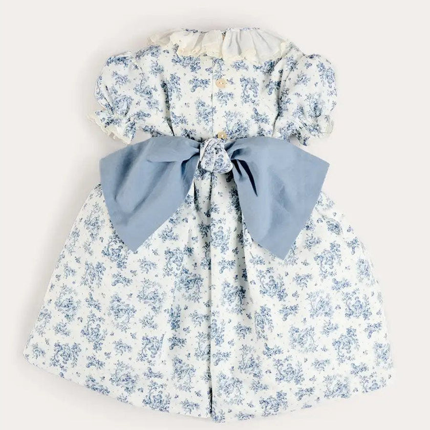 Audrey Toile Hand Smocked Ruffle Collar Short Sleeve Dress in Blue (12mths- 10yrs)