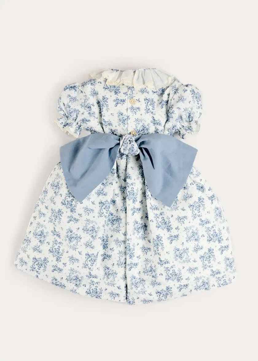 Audrey Toile Hand Smocked Ruffle Collar Short Sleeve Dress in Blue (12mths- 10yrs)