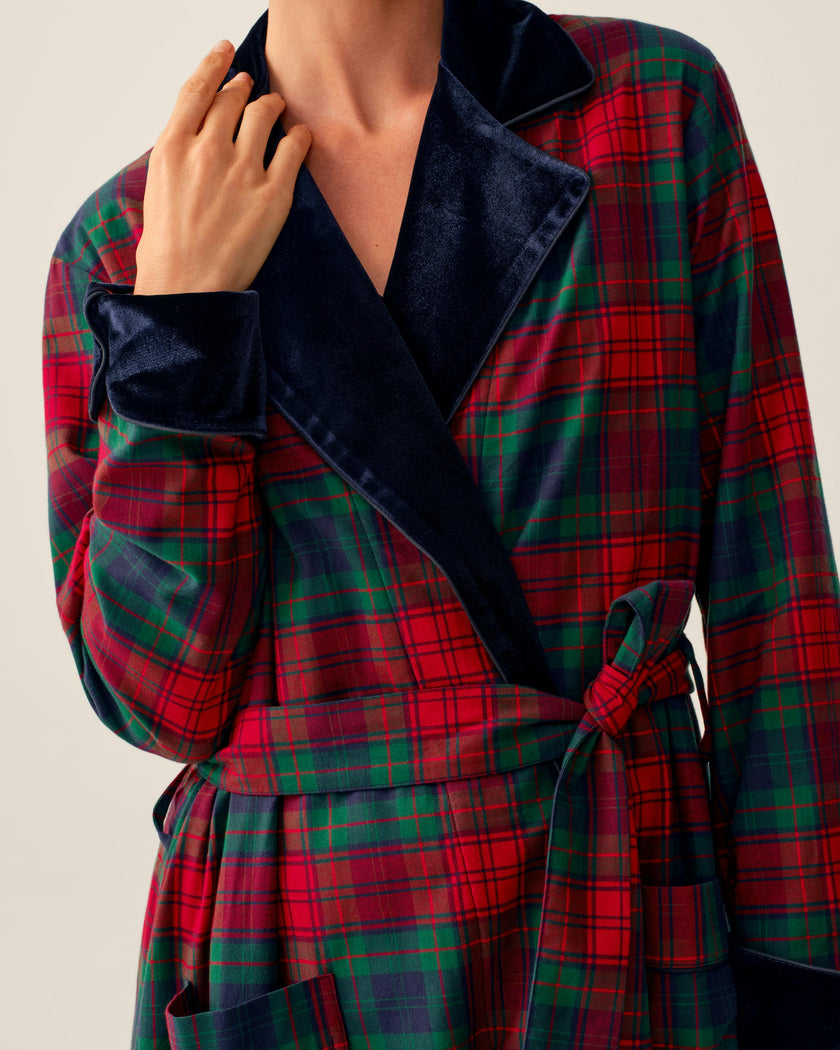 Women's Brushed Twill Velvet Trim Robe in St. James Tartan