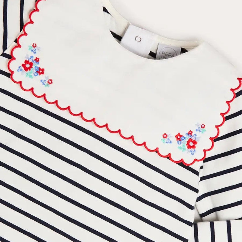 Sailor Stripe Floral Embroidered Mariner Collar Top in White (2-12yrs)