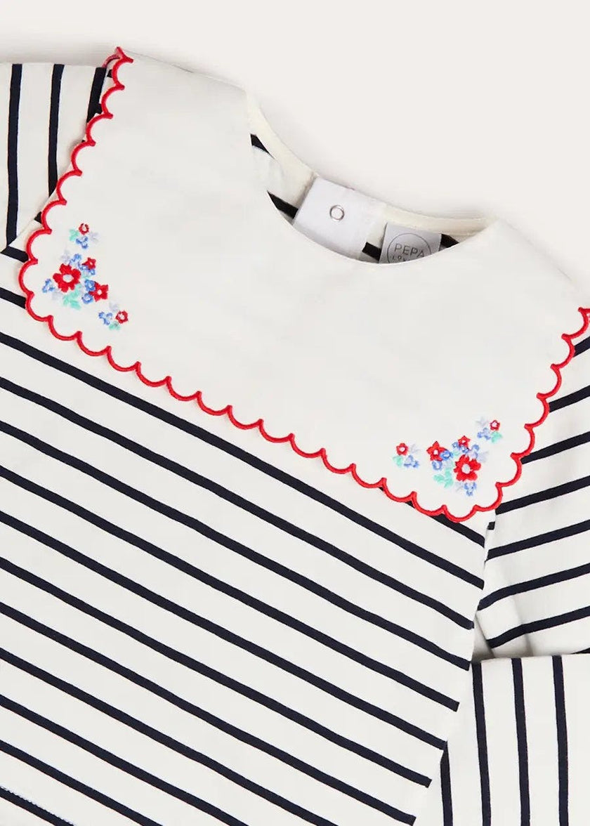 Sailor Stripe Floral Embroidered Mariner Collar Top in White (2-12yrs)