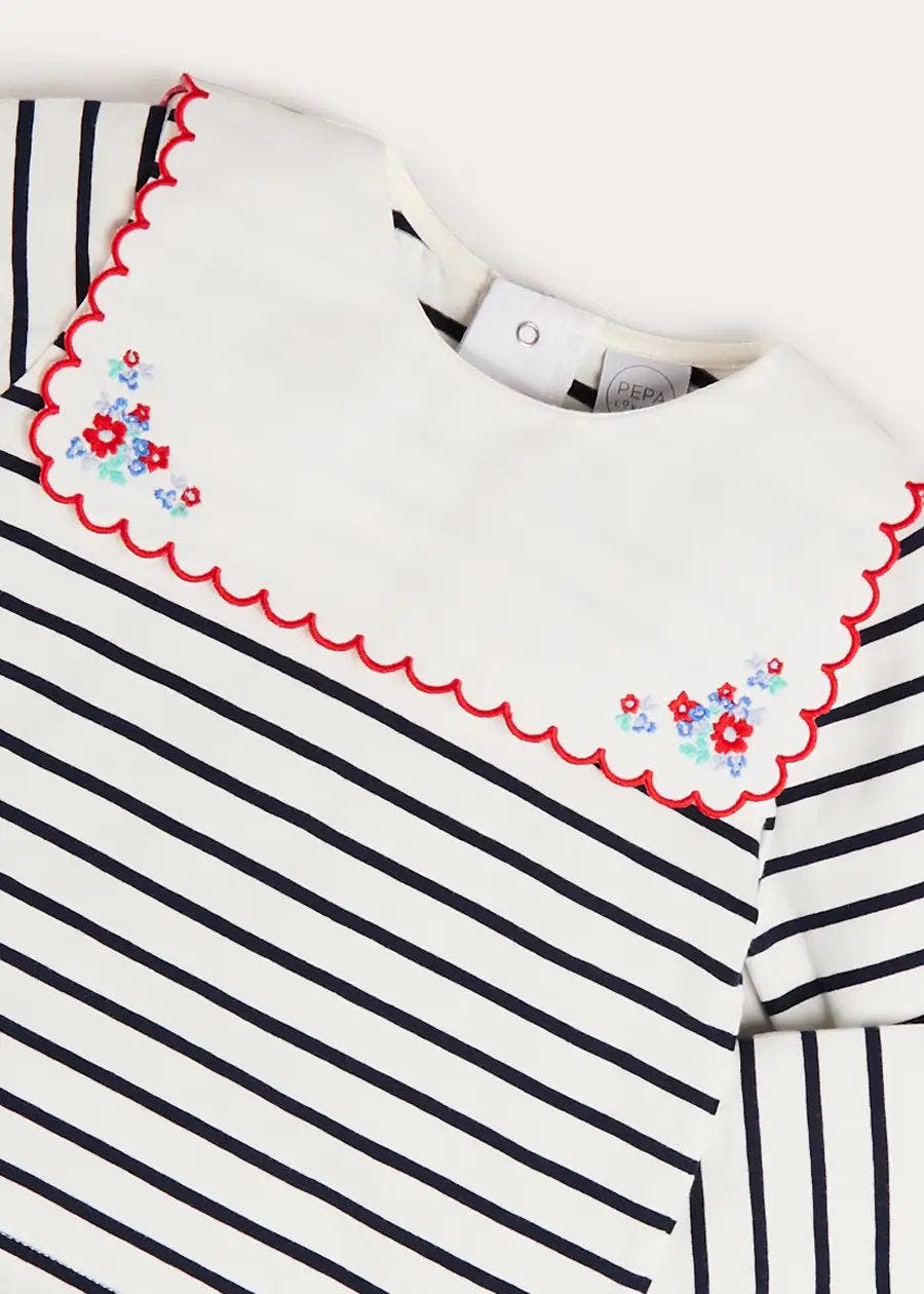 Sailor Stripe Floral Embroidered Mariner Collar Top in White (2-12yrs)