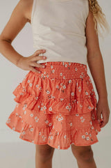 Girls Ruffled Skirt in Coral Mini Spaced Floral