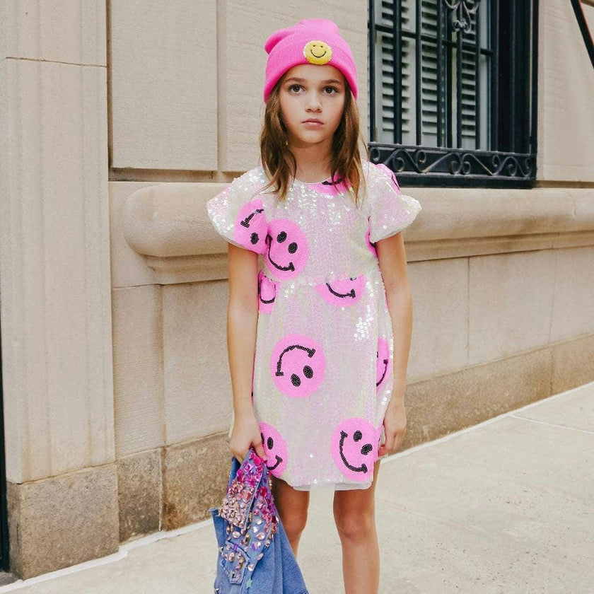 Pinkie Happy Emoji Short Puff Sleeve Dress