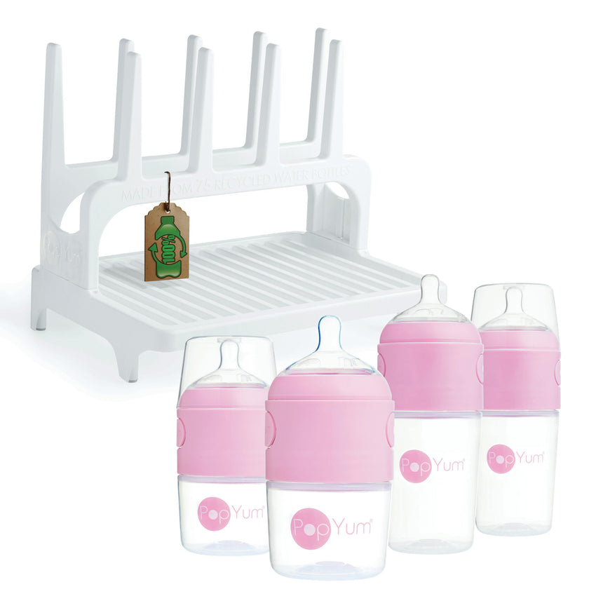 PopYum Pink Formula Making Baby Bottle Set 4-Pack with White Drying Rack Bundle