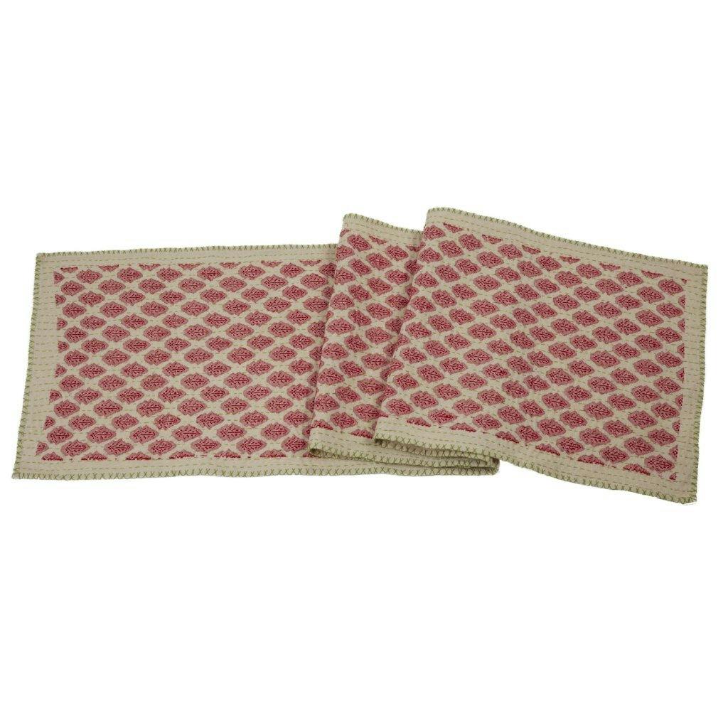 Artisan Hand Loomed Cotton Table Runner - Red Green Stitching - 18