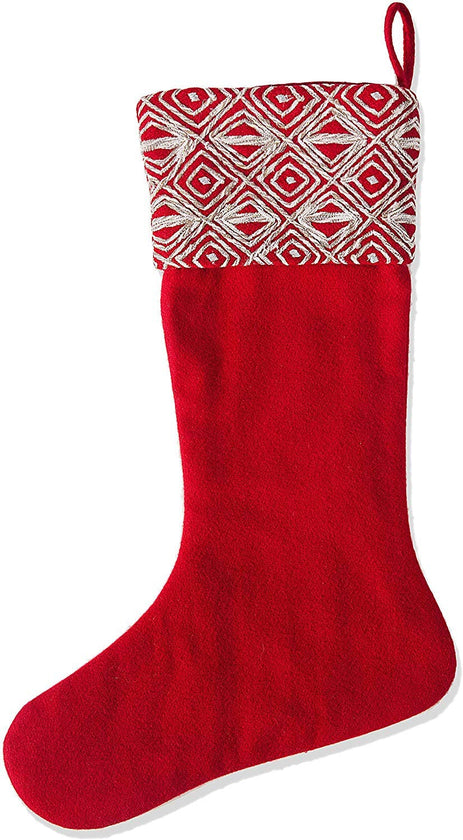 Red Christmas Stocking Geo Embroidered Cuff Wool Arcadia Home