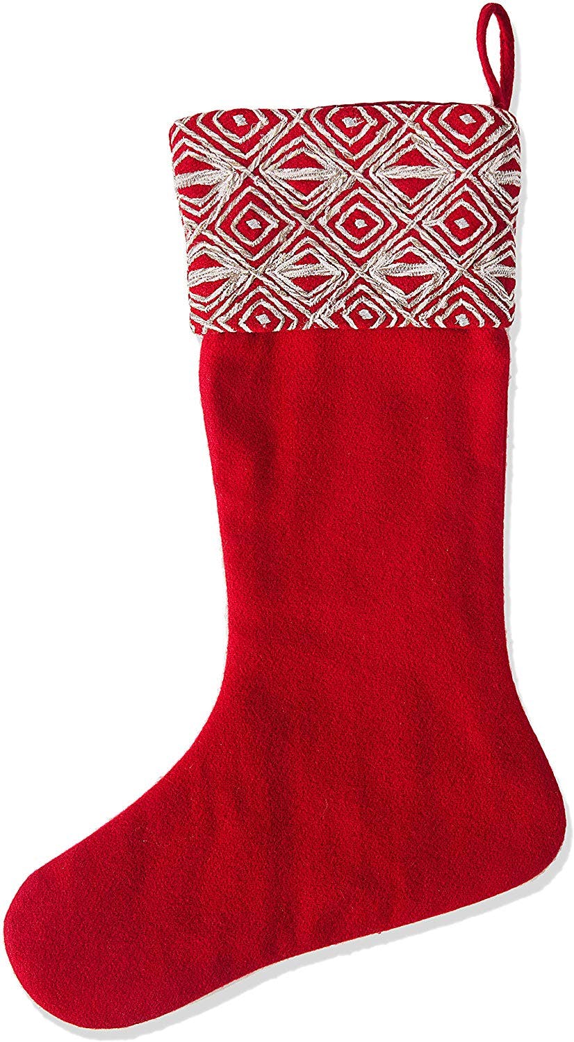 Red Christmas Stocking Geo Embroidered Cuff Wool Arcadia Home