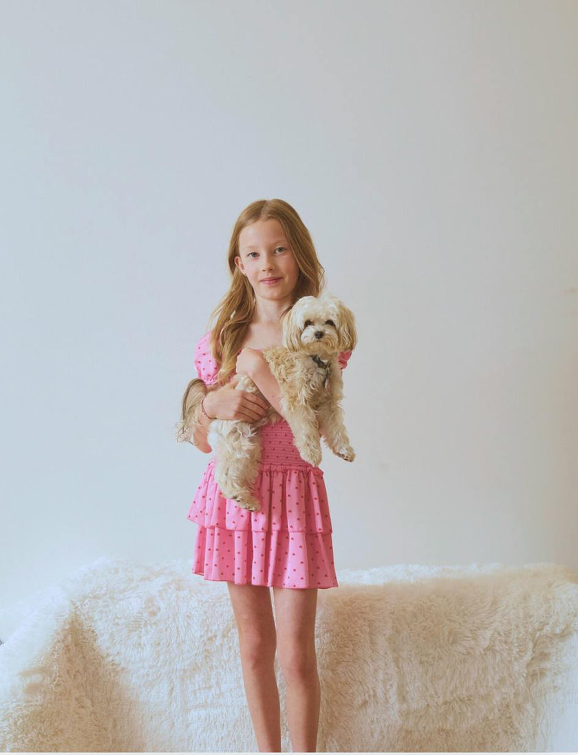 Lexi Pink With Red Hearts Satin Smocked Short Sleeve Ruffle Dress