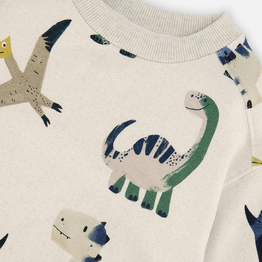 Fleece Sweatshirt Beige Dinosaur Print
