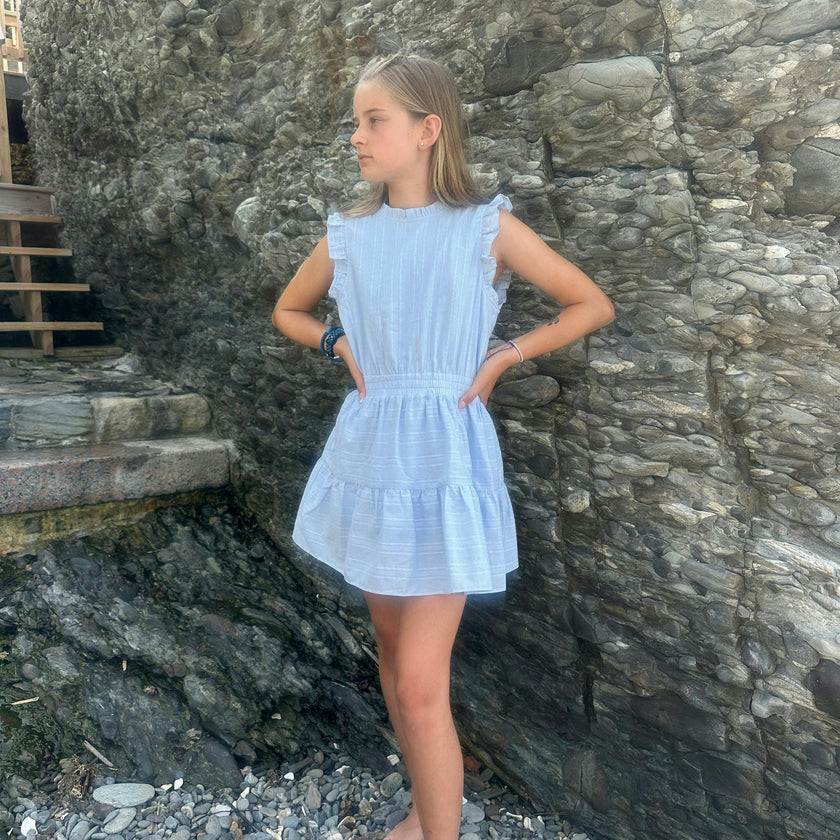Blue Ruffle Shoulder Sleeveless Dress