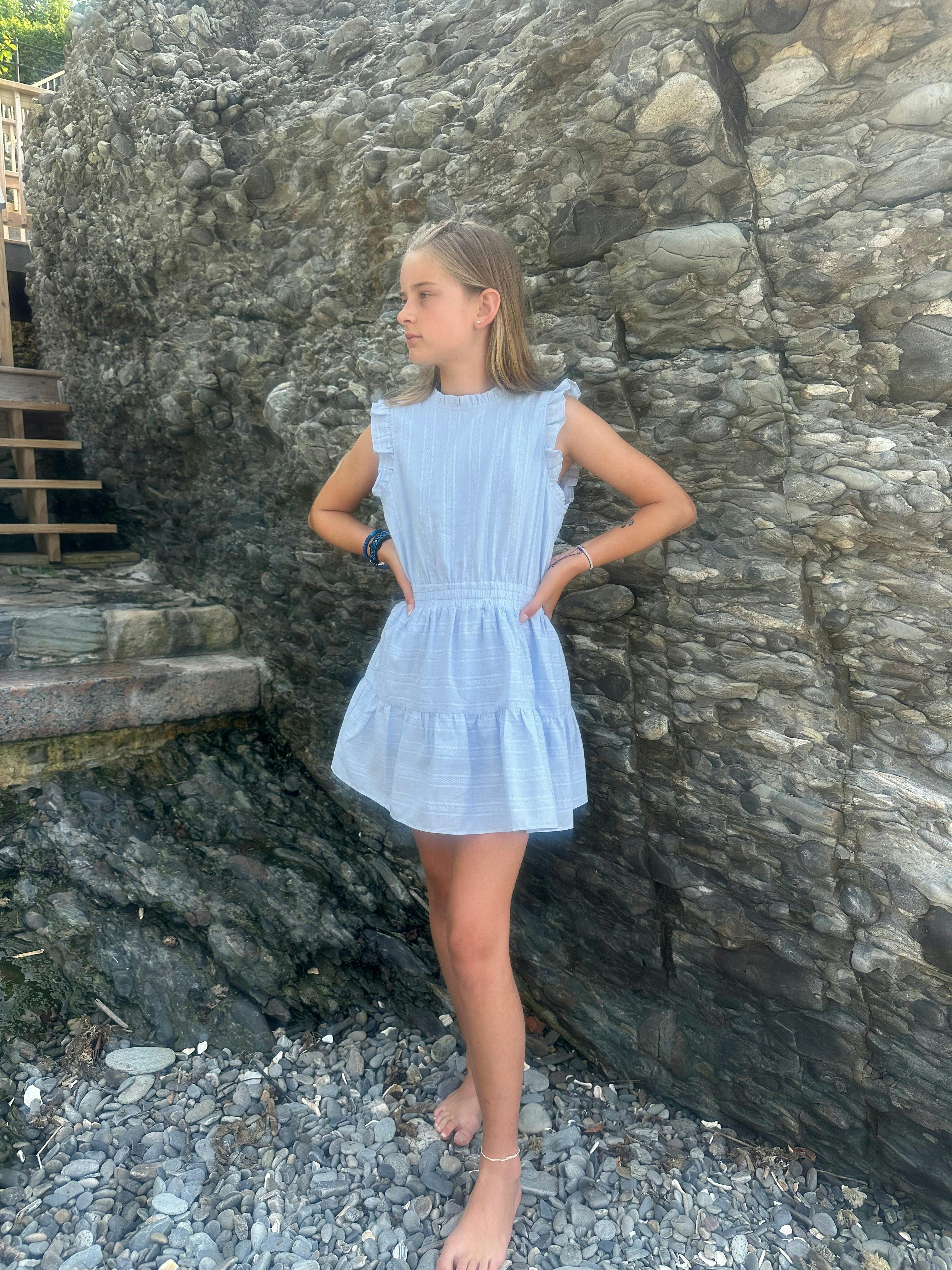 Blue Ruffle Shoulder Sleeveless Dress