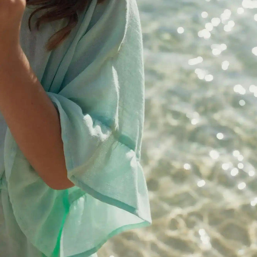 Girl's kaftan with pompoms, aqua | LEA