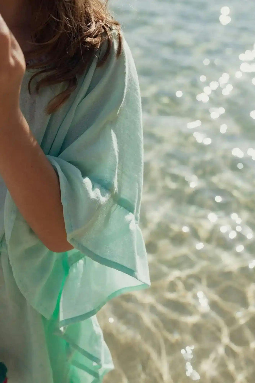 Girl's kaftan with pompoms, aqua | LEA