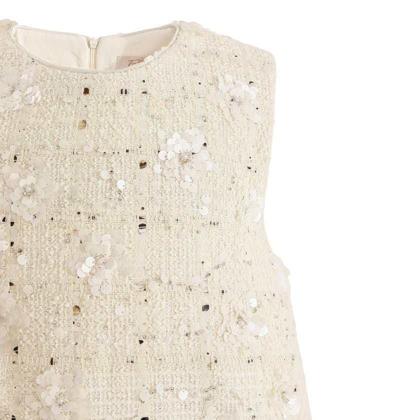 Cream Sequin Feather-Hem Dress
