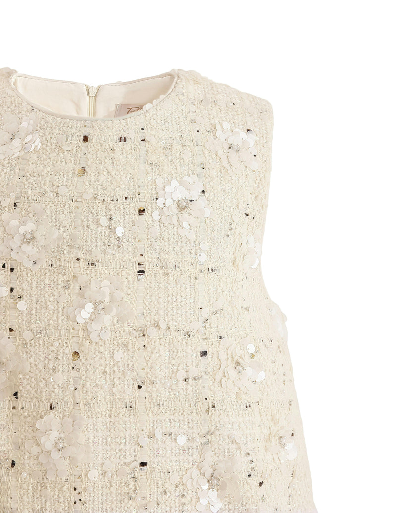 Cream Sequin Feather-Hem Dress