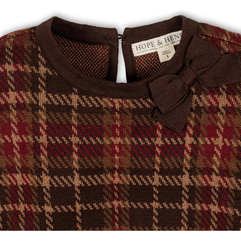Organic Long Sleeve Bow Detail Intarsia Sweater Dress, Brown