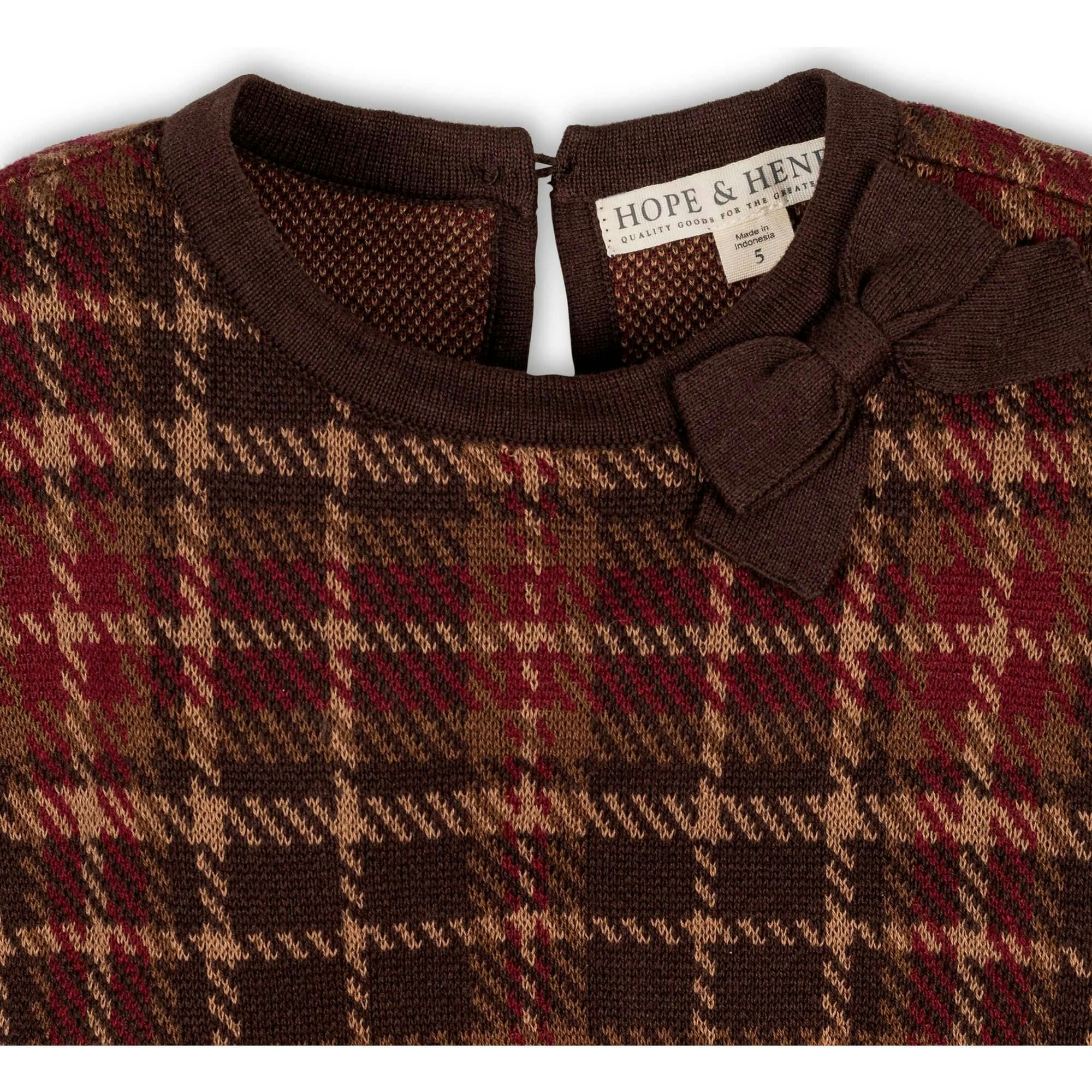 Organic Long Sleeve Bow Detail Intarsia Sweater Dress, Brown