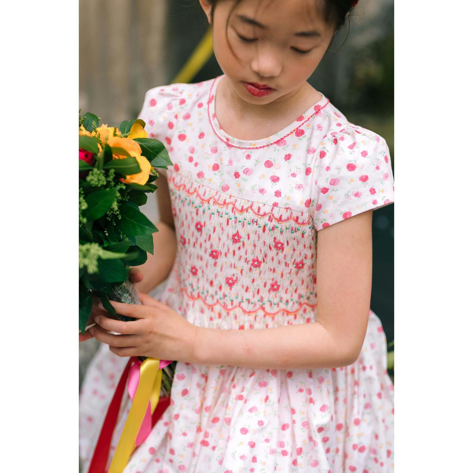 Poppy Pink Short Puff Sleeves Smocked Dress