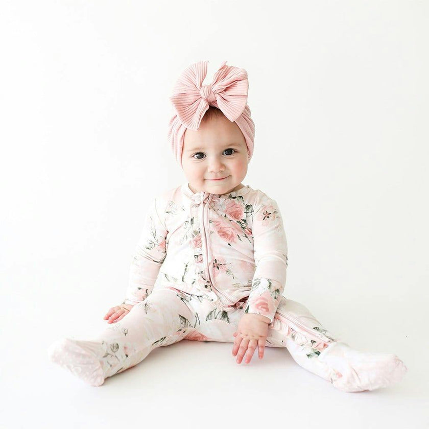 Vintage Pink Rose Footie Ruffled Zippered One Piece