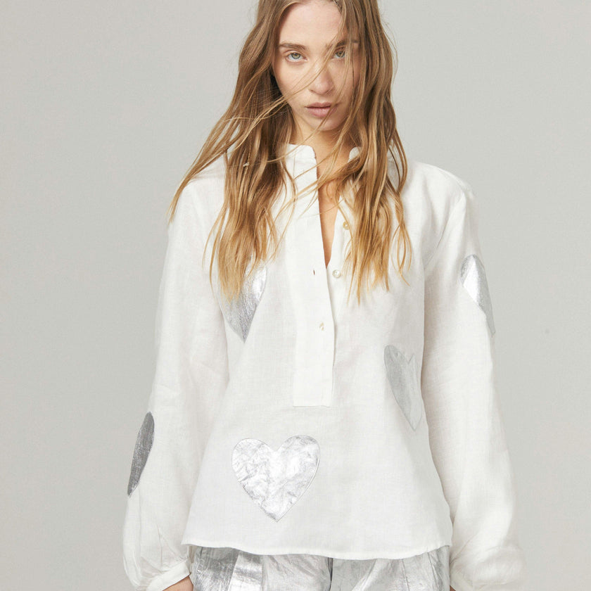 Cupid Linen Shirt - Off-white with Silver Hearts