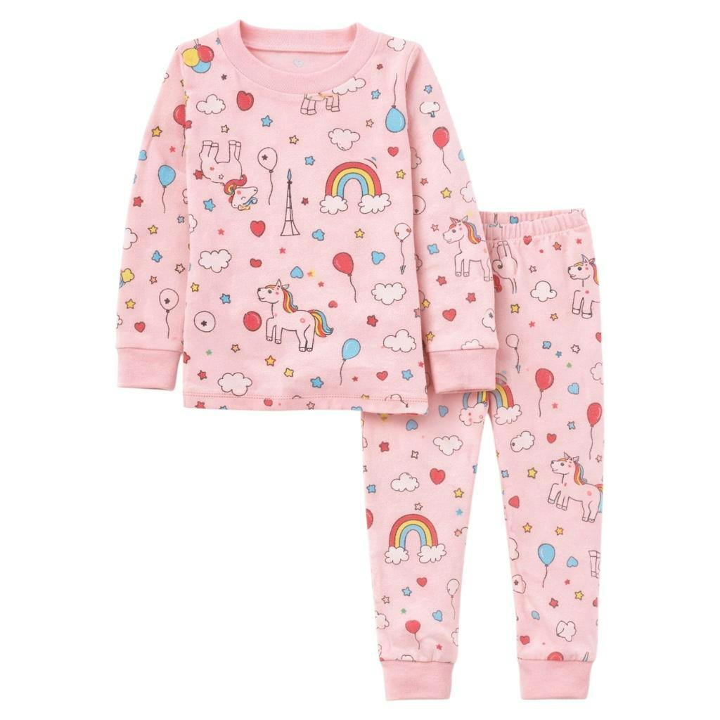 Kids and Toddlers Girls Pink Rainbows Long Sleeve Snug Fitted Soft Pajamas Set