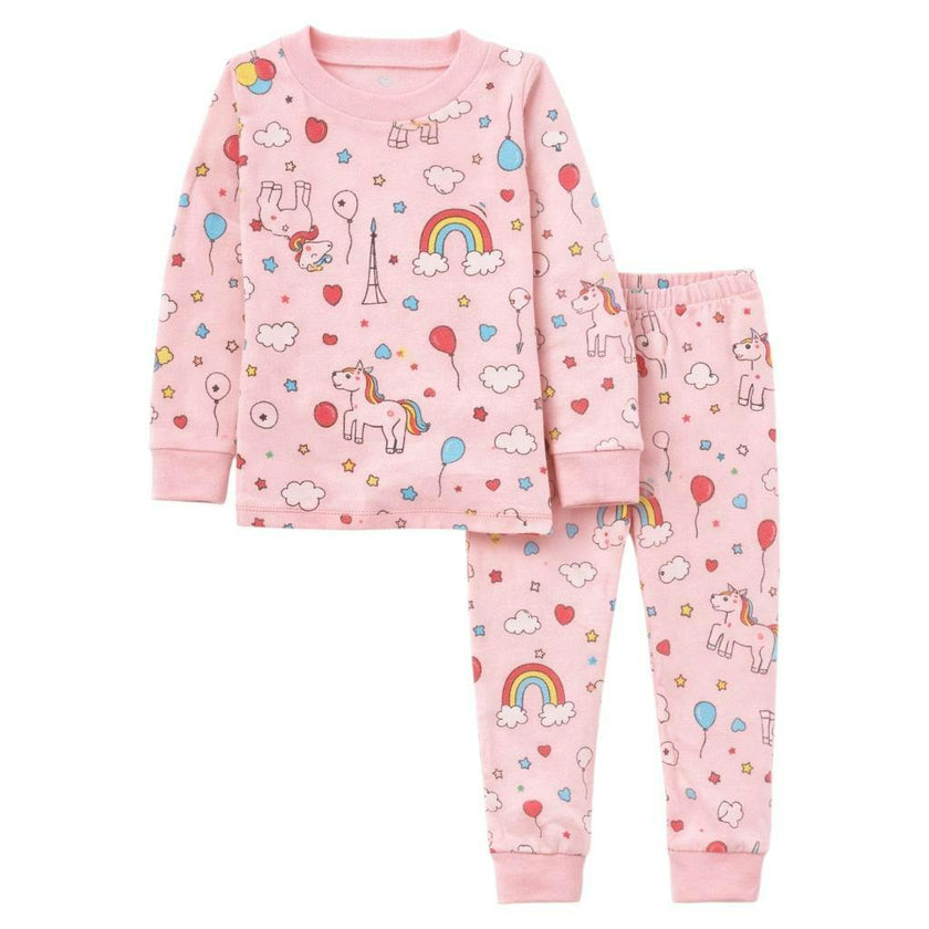 Kids and Toddlers Girls Pink Rainbows Long Sleeve Snug Fitted Soft Pajamas Set