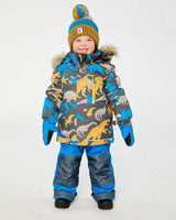 Two Piece Play Snowsuit Grey and Blue Dinosaur Print with Blue Pants