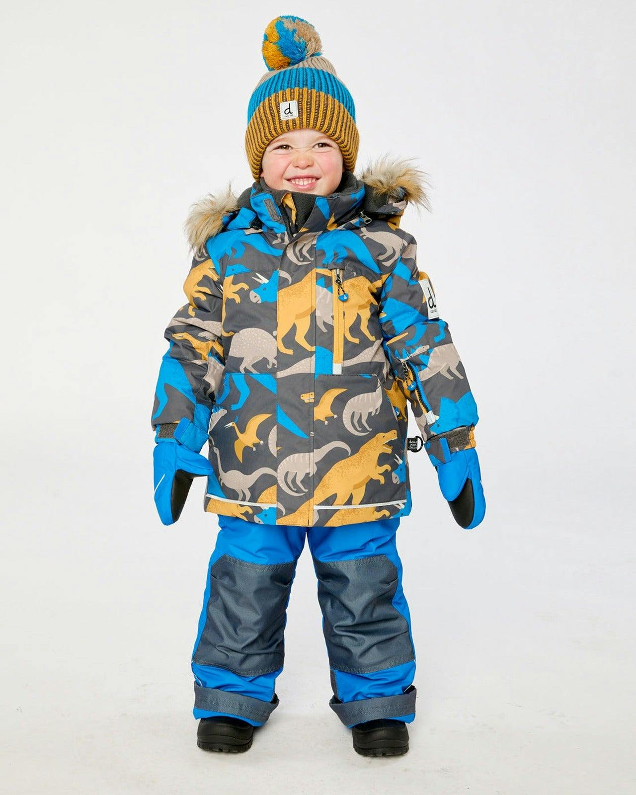 Two Piece Play Snowsuit Grey and Blue Dinosaur Print with Blue Pants