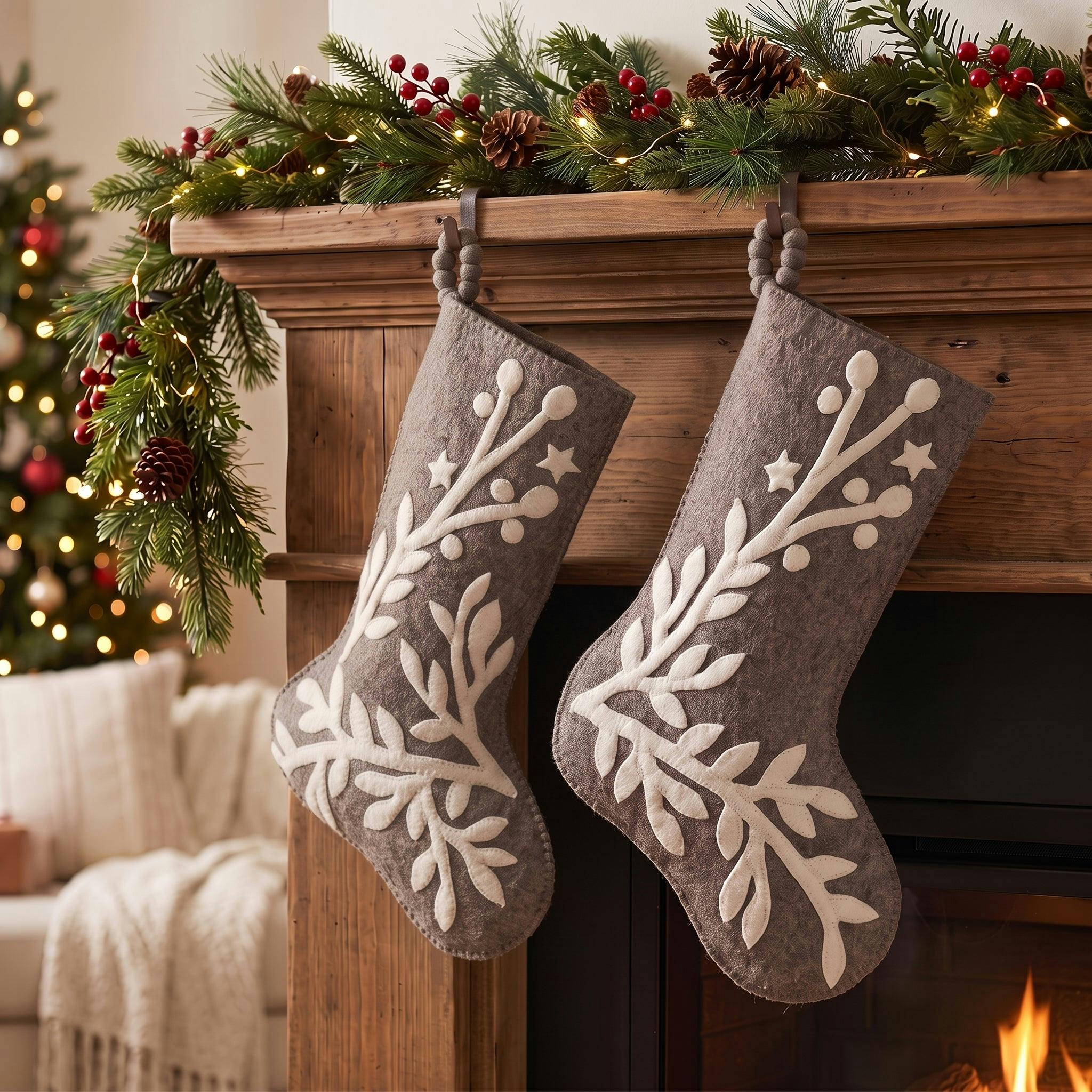 Hand Felted Wool Christmas Stocking, Stars and Branch Gray