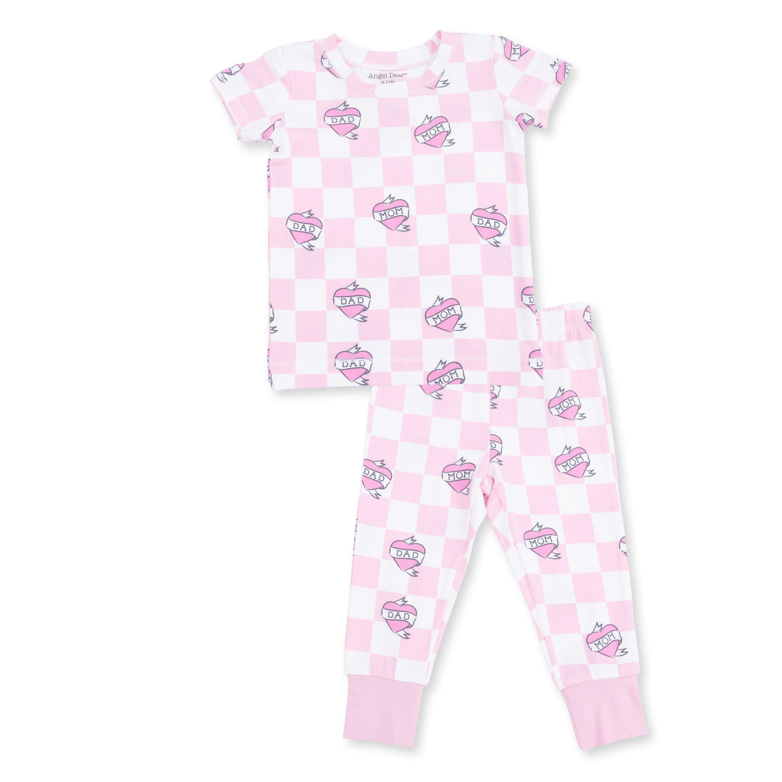 Heart Tattoo Check Pink - Short Sleeve Loungewear Set