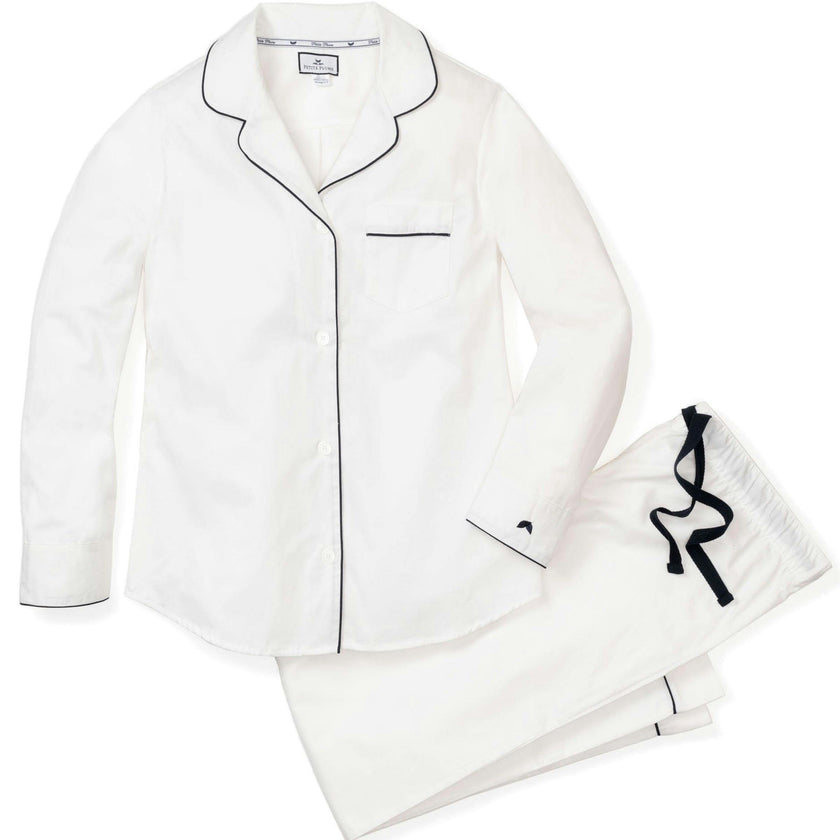 Women's Twill Pajama Set in White with Navy Piping