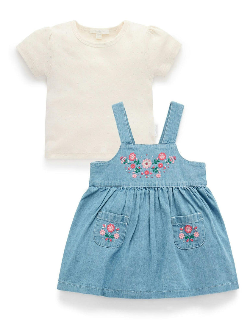 Embroidered Pinnie & Tee set Faded Denim