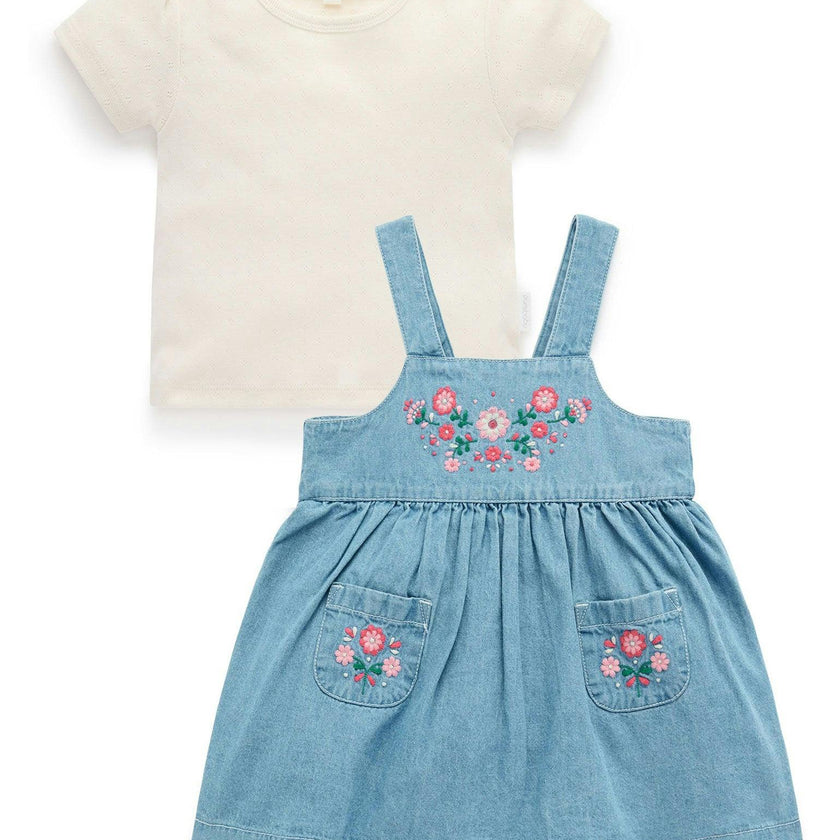 Embroidered Pinnie & Tee set Faded Denim