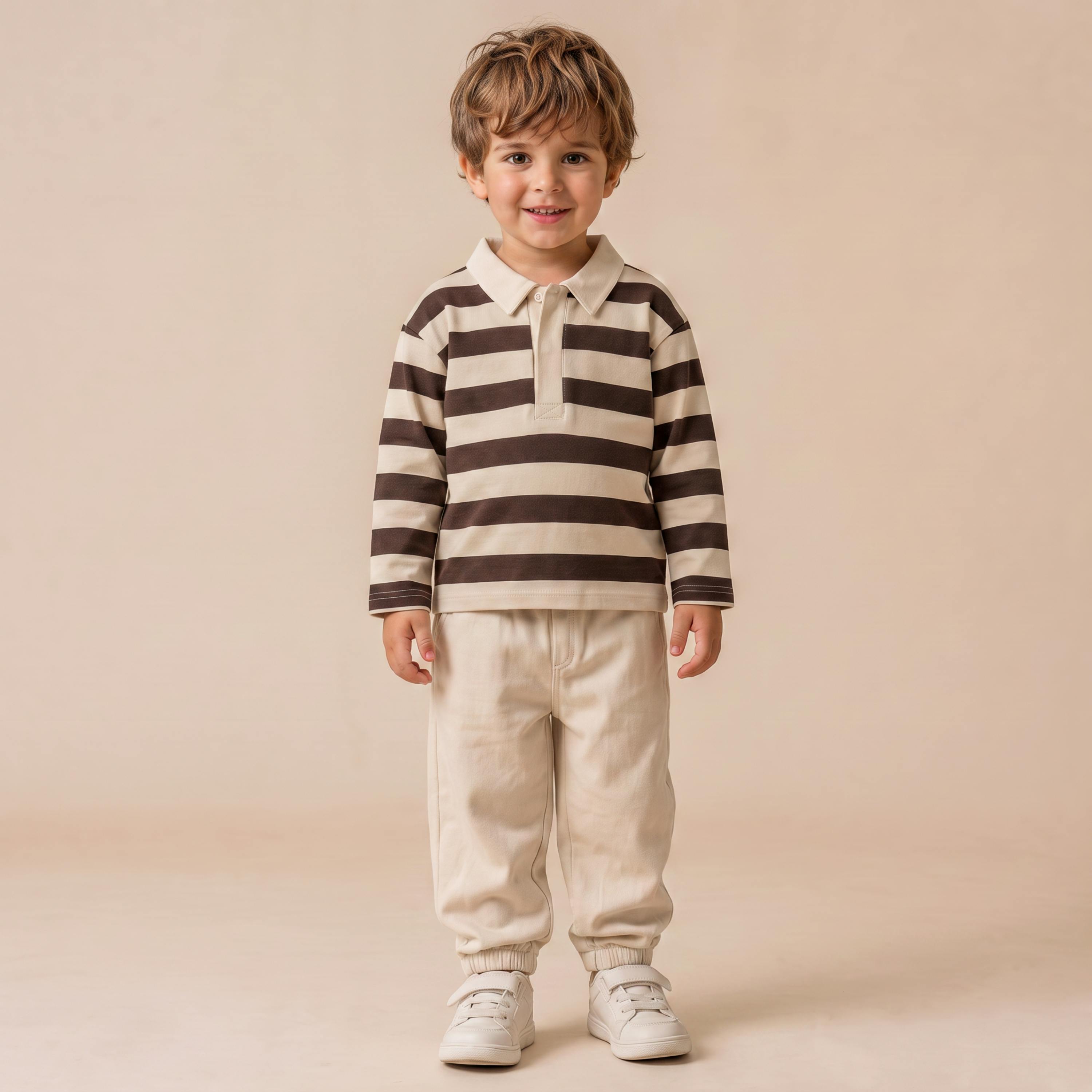 Organic Long Sleeve Polo - Mocha Stripe