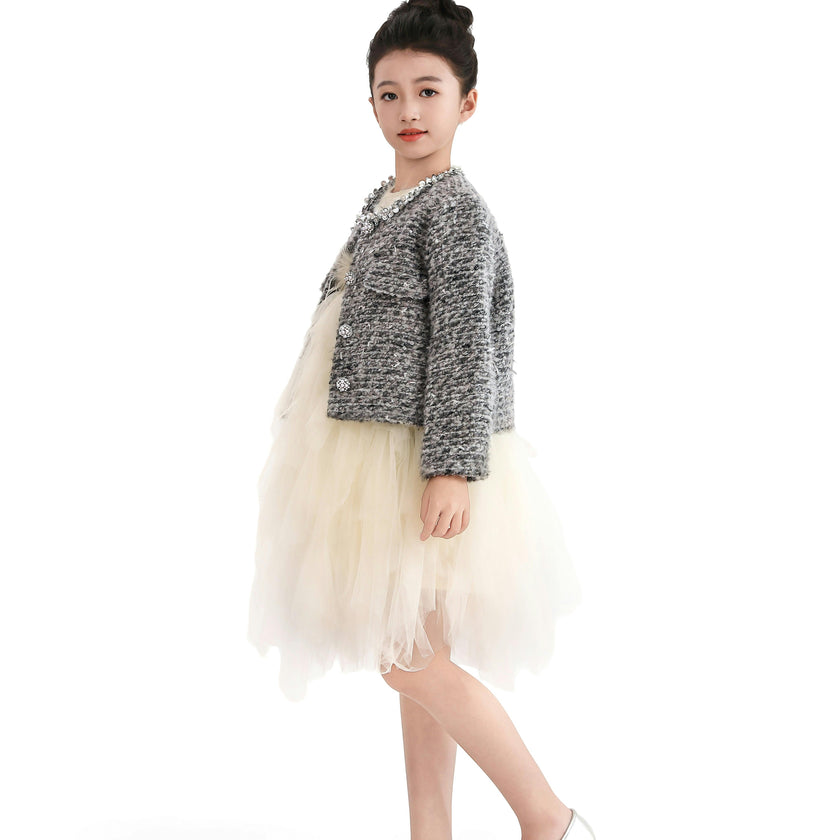 Gray Bouclé Jewel-Collar Jacket