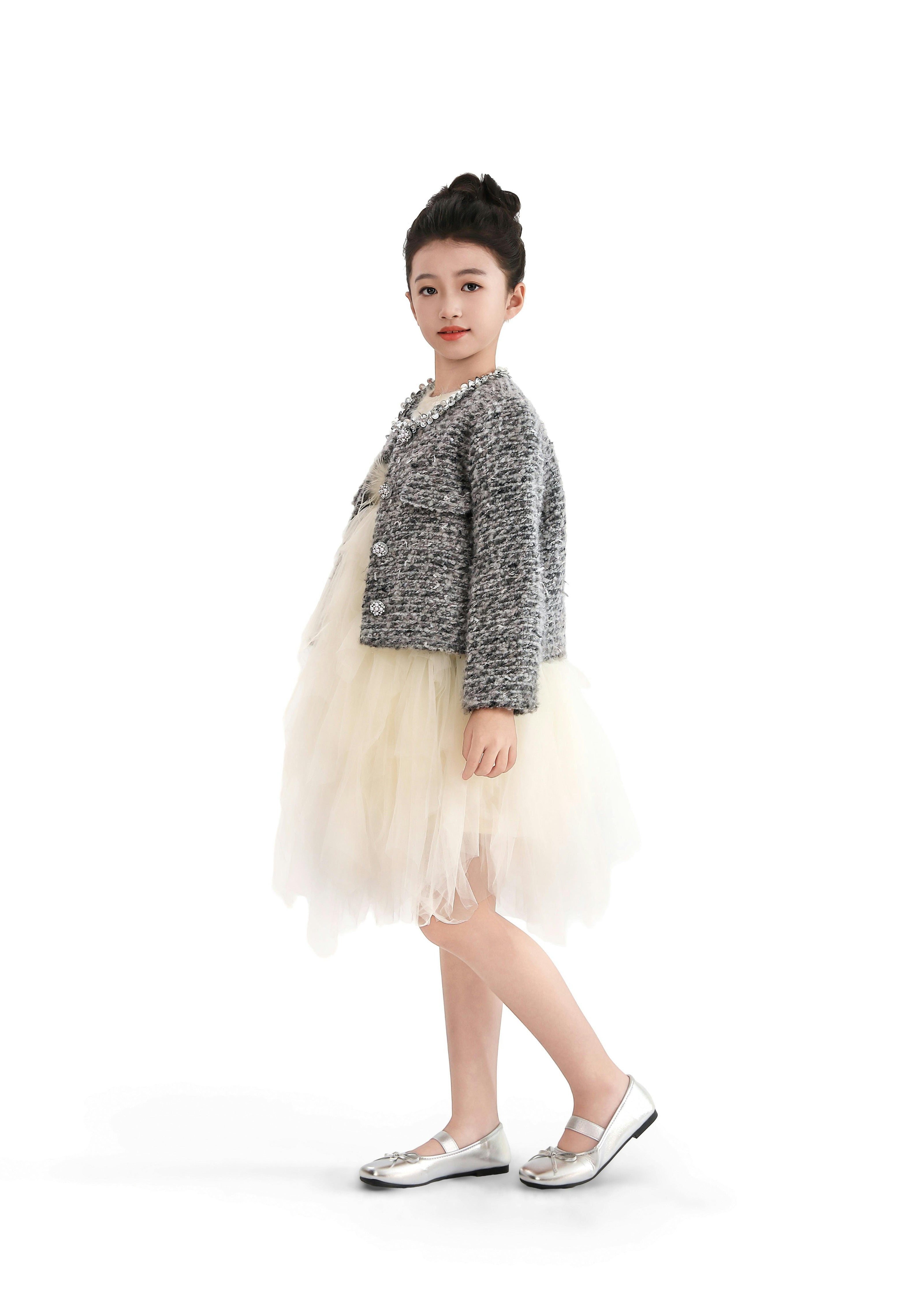 Gray Bouclé Jewel-Collar Jacket