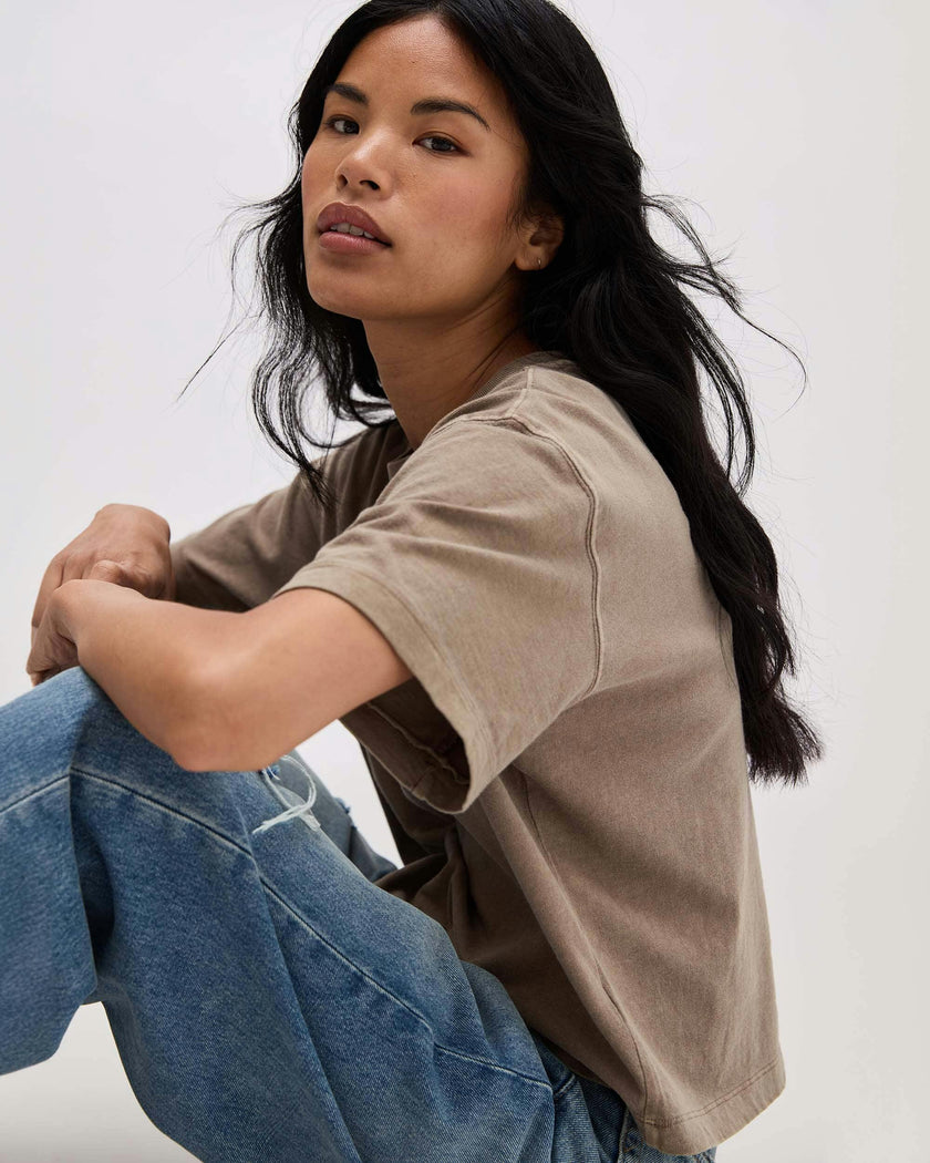 Womens Relaxed Crop Tee - Pigment Dye Jersey - Warm Grey