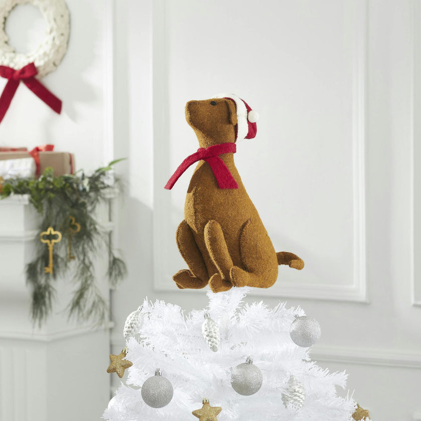 Brown Lab Santa Hat Christmas Tree Topper Hand Felted Wool