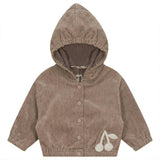 Velour Hooded Hook-stitch Front Opening Cherry Print Cardigan