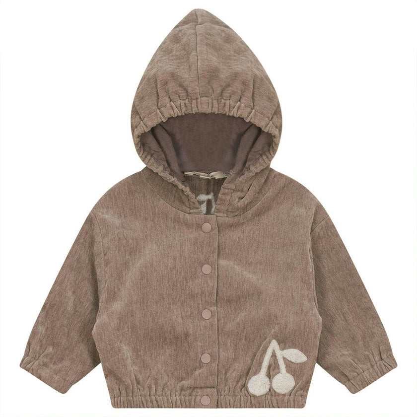 Velour Hooded Hook-stitch Front Opening Cherry Print Cardigan