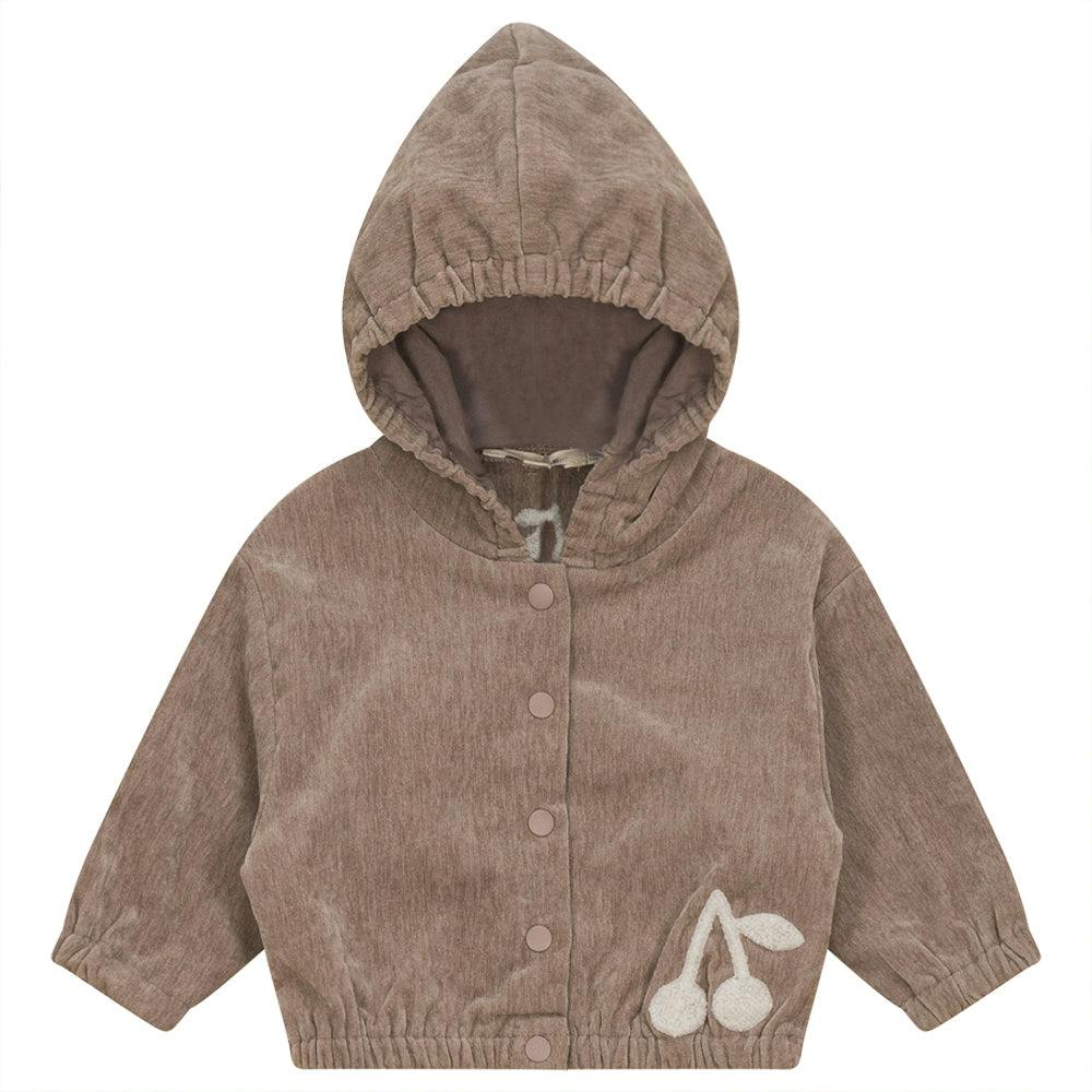 Velour Hooded Hook-stitch Front Opening Cherry Print Cardigan