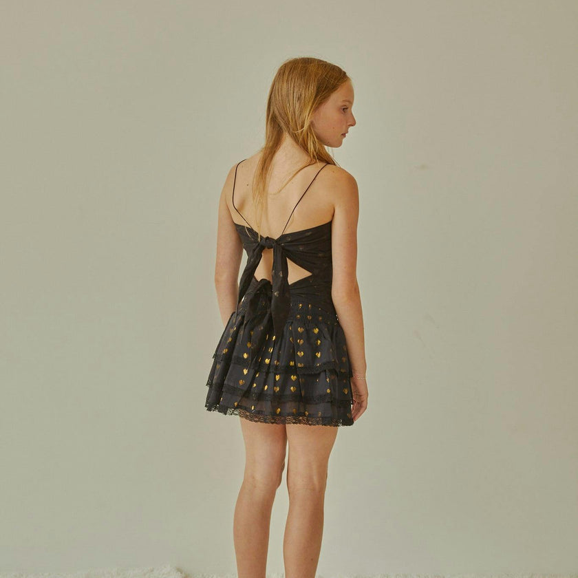 Gemma Black With Black Lace Heart Lurex Smocked Ruffle Mini Skirt