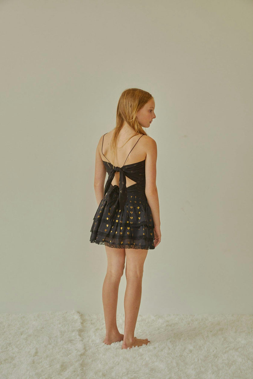 Gemma Black With Black Lace Heart Lurex Smocked Ruffle Mini Skirt