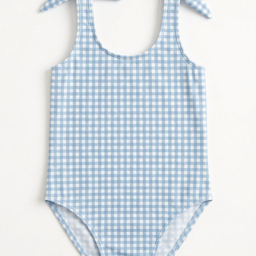 Girls Blue Checked Bow Bathingsuit